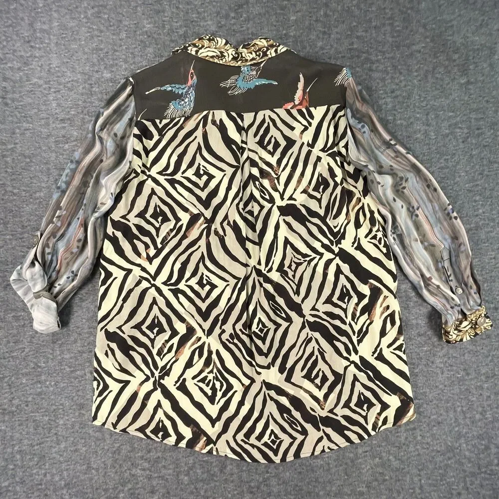 John Mark PM Mixed Print Patchwork Tunic Roll Tab Button Down Blouse Bird Artsy - Picture 11 of 14